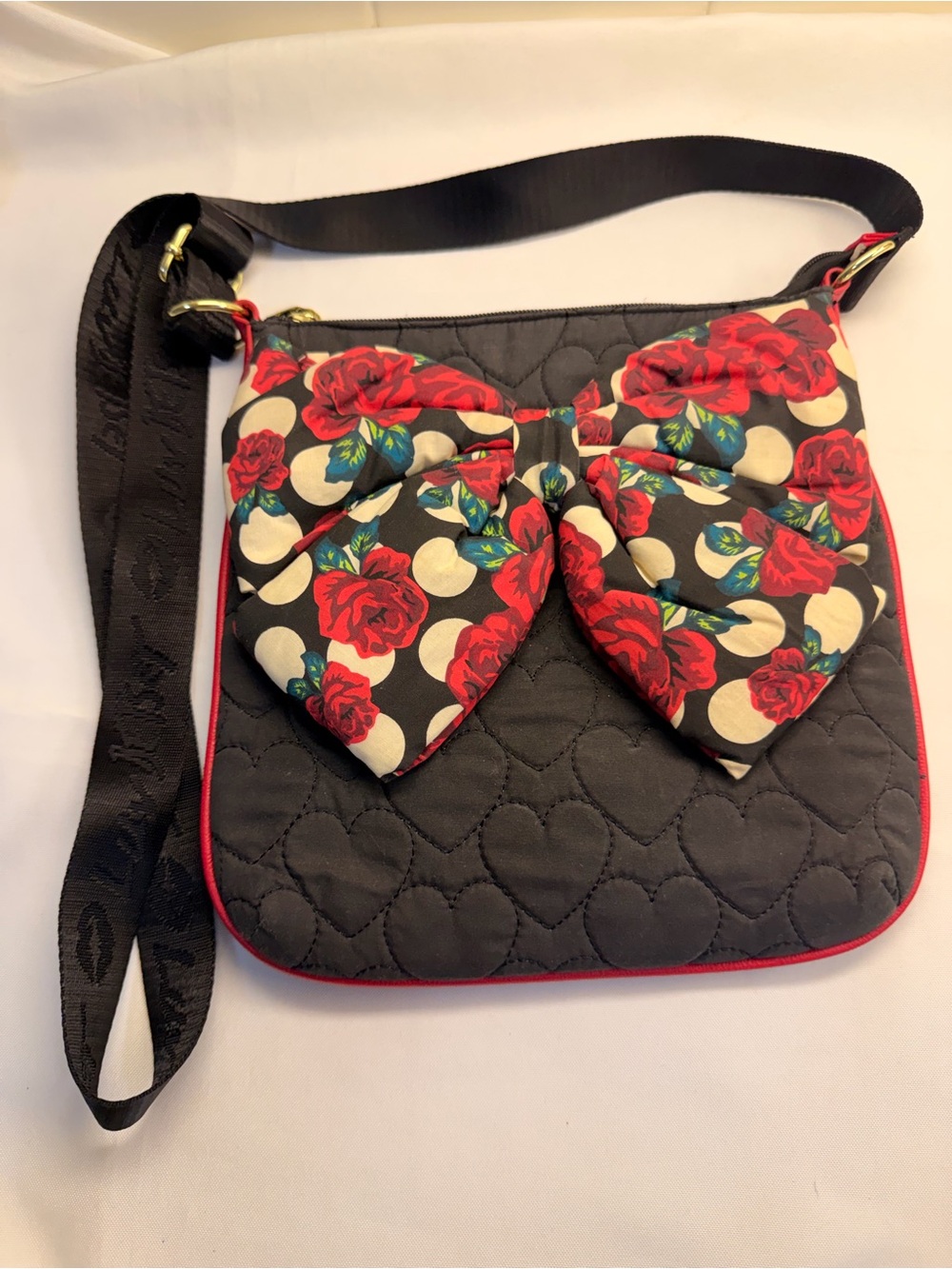 Luv Betsey By Betsey Johnson Quilted Hearts with Giant Rose Bow Crossbody Bag